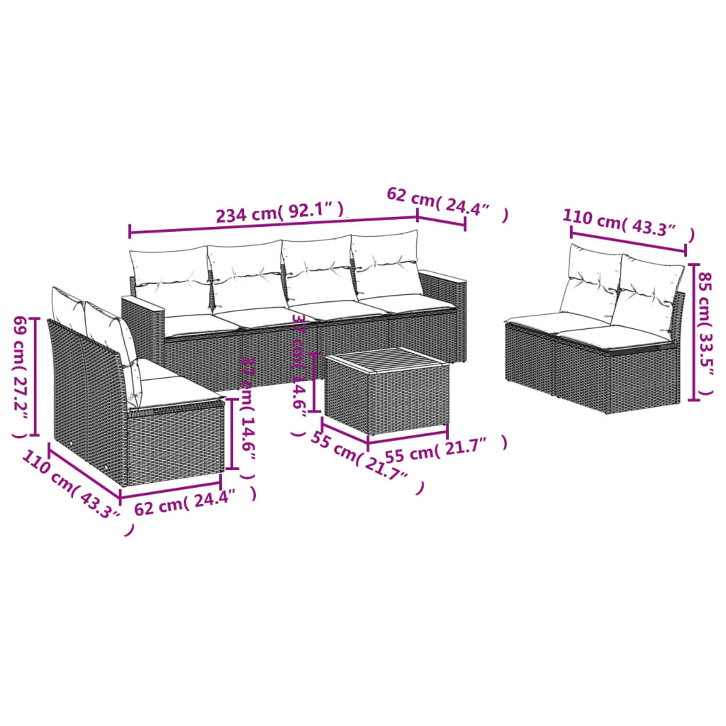 9 Pcs conjunto sofás p/ jardim com almofadões vime PE cinzento
