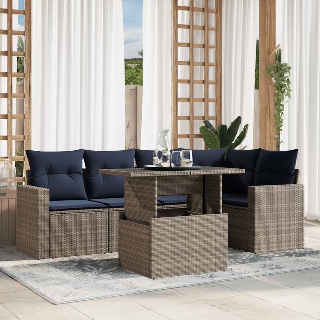 Conjunto de sofá de jardim com 6 peças e almofadas em rattan sintético cinza