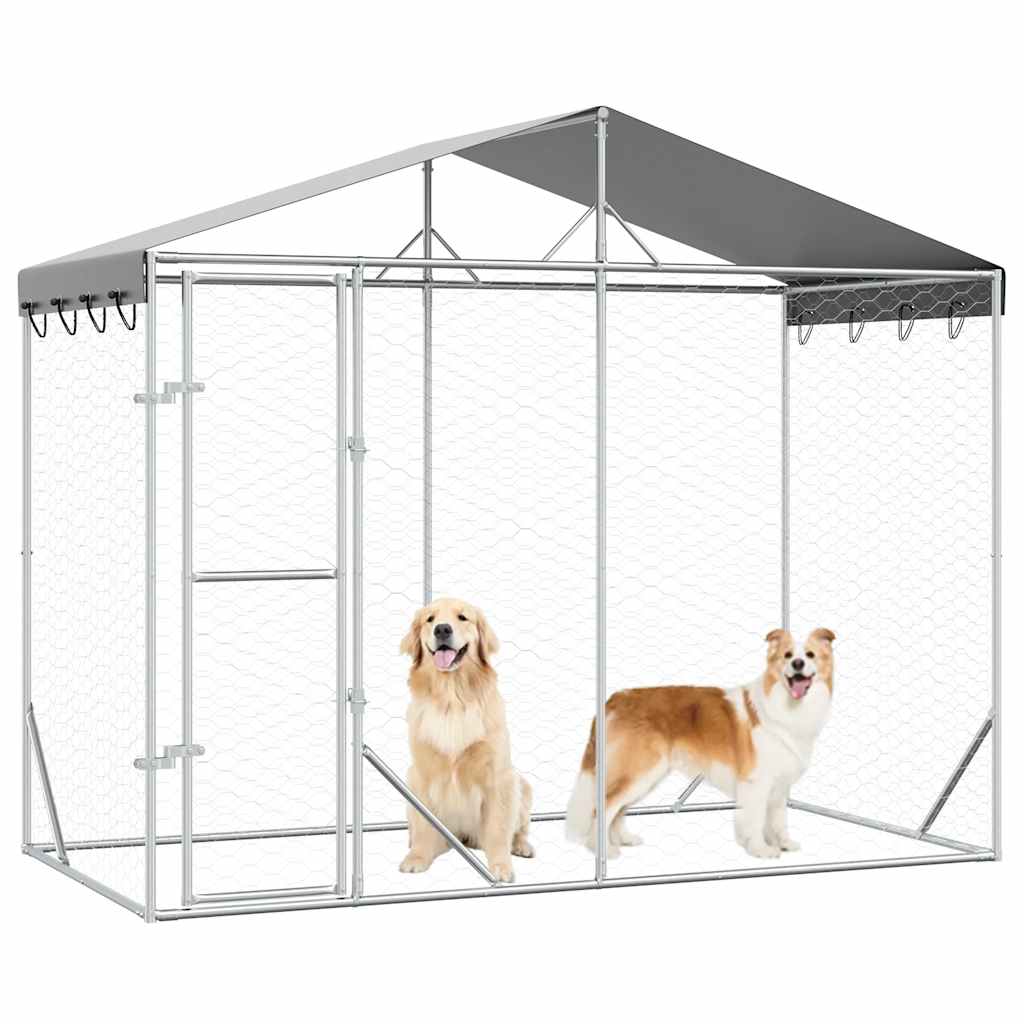 Canil de exterior com teto 3x1,5x2,5 m aço galvanizado prateado