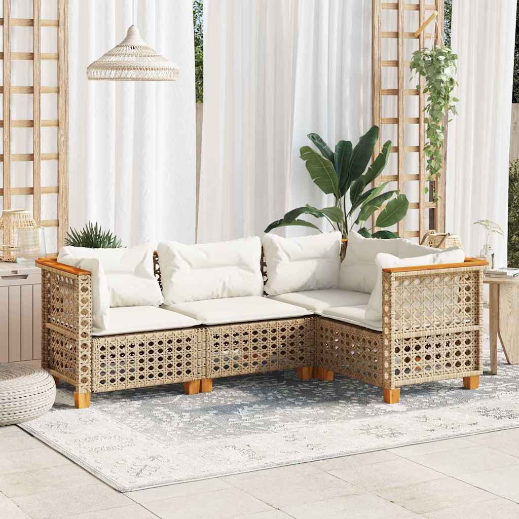 4 Pcs conjunto de sofás para jardim c/ almofadões vime PE bege