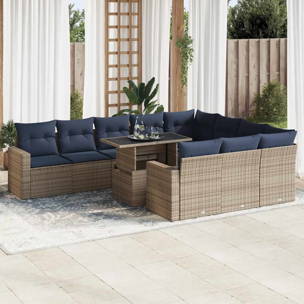 11 Pcs conjunto sofás jardim c/ almofadões vime PE/acácia cinzento