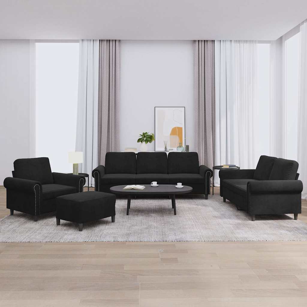 4 Pcs conjunto de sofás com almofadões veludo preto