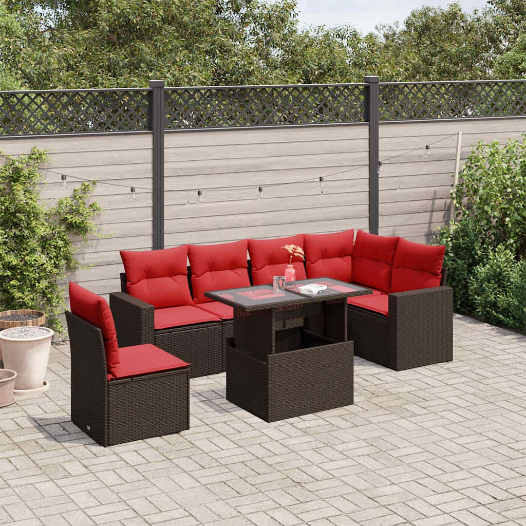 Conjunto de sofá de jardim com 7 peças e almofadas em rattan sintético marrom