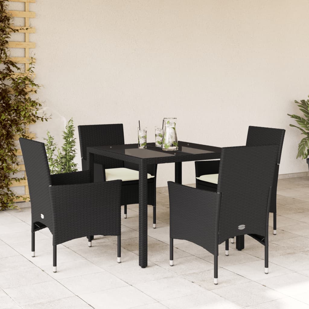 5 Pcs conjunto jantar jardim c/ almofadões vime PE/vidro preto