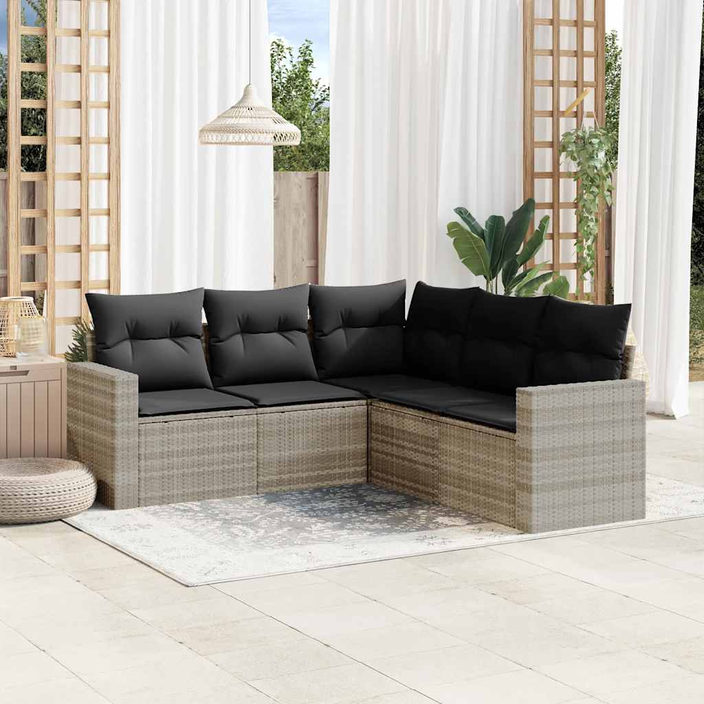 5 Pcs conj. sofás jardim c/ almofadões vime PE cinzento-claro