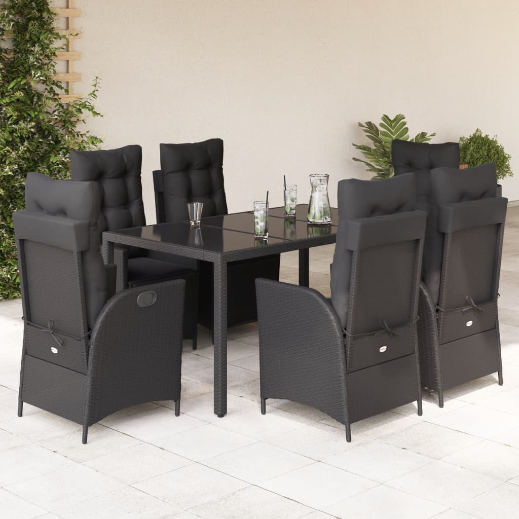 7 Pcs conjunto de jantar p/ jardim c/ almofadões vime PE preto