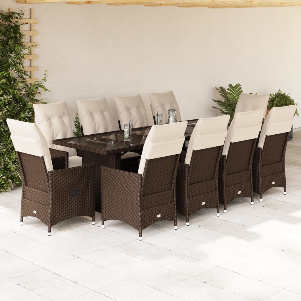 11 Pcs conj. de bistrô p/ jardim c/ almofadões vime PE castanho