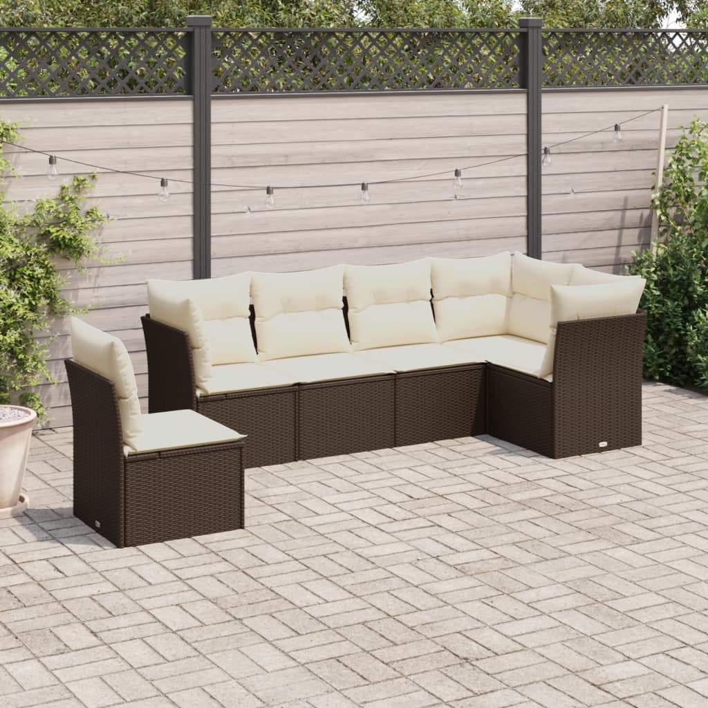 6 Pcs conjunto de sofás jardim c/ almofadões vime PE castanho