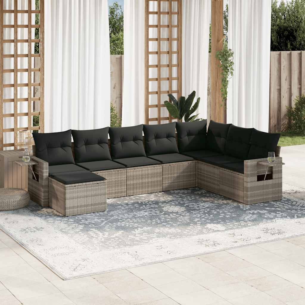 8 Pcs conj. sofás jardim c/ almofadões vime PE cinzento-claro