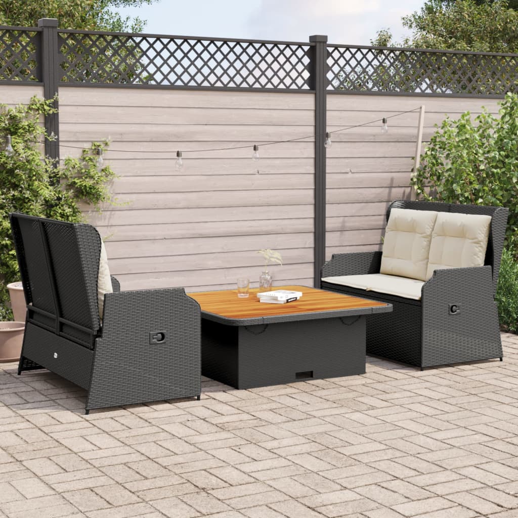 3 Pcs conjunto lounge de jardim c/ almofadões vime PE preto