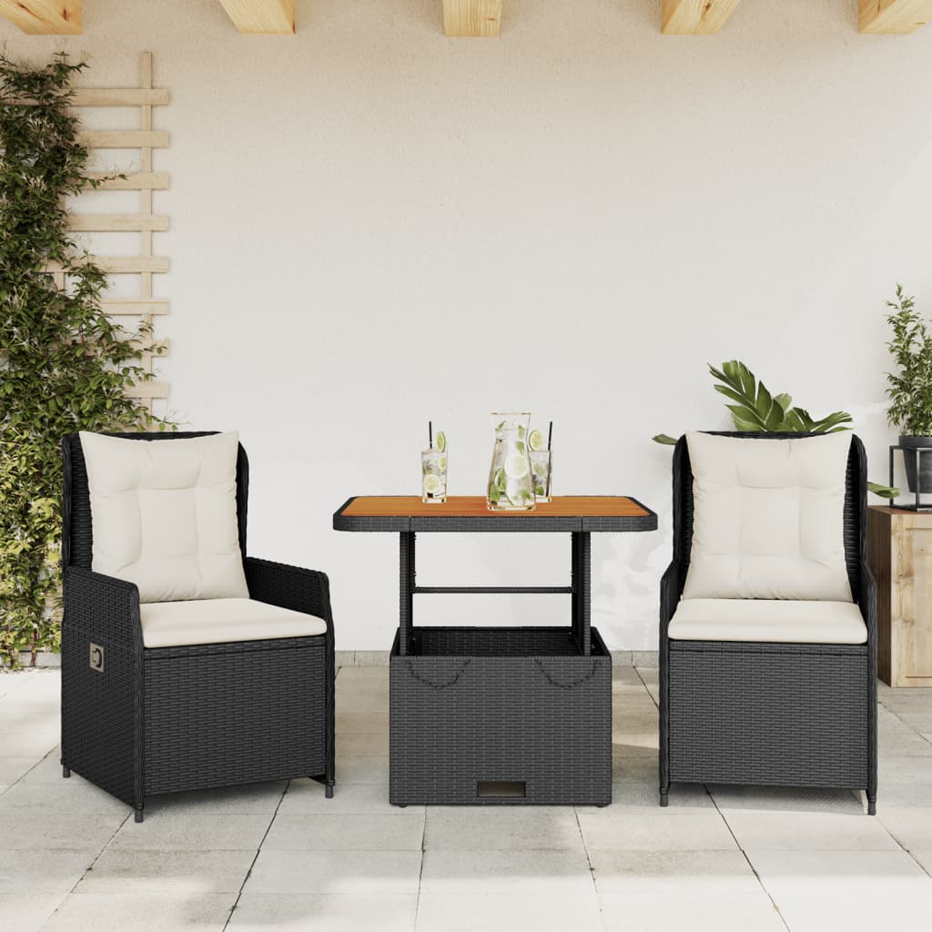 3 Pcs conjunto de bistrô com almofadões vime PE preto