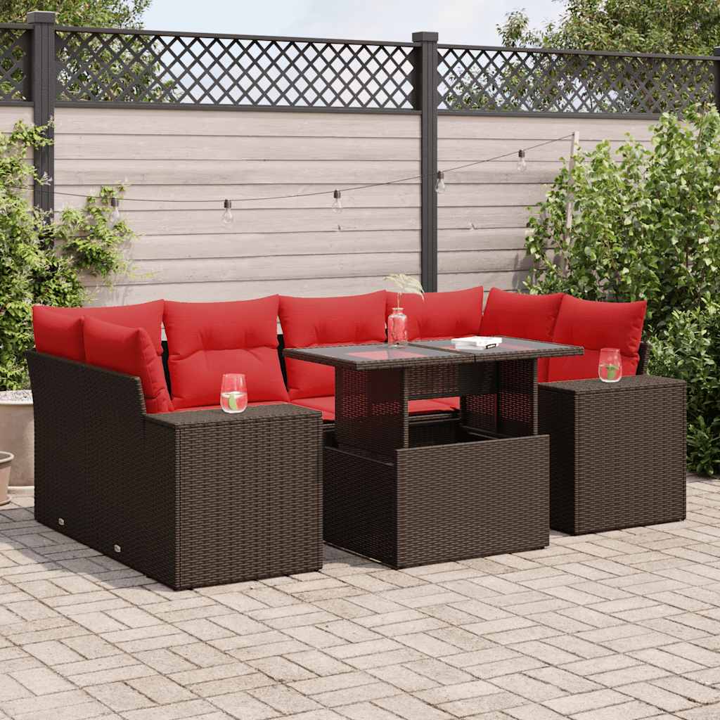 7 Pcs conj. sofás jardim c/ almofadões vime PE castanho
