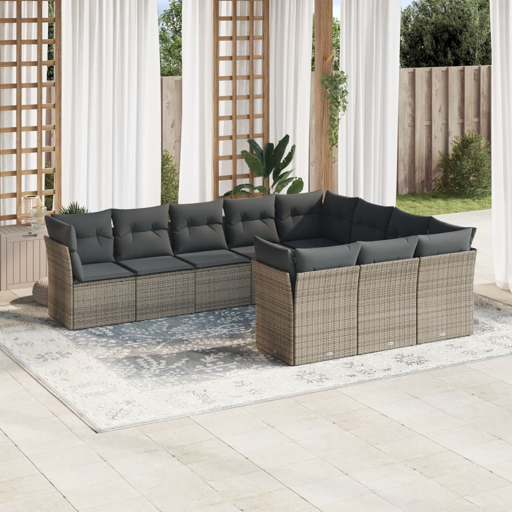 10 Pcs conjunto sofás de jardim c/ almofadões vime PE cinzento