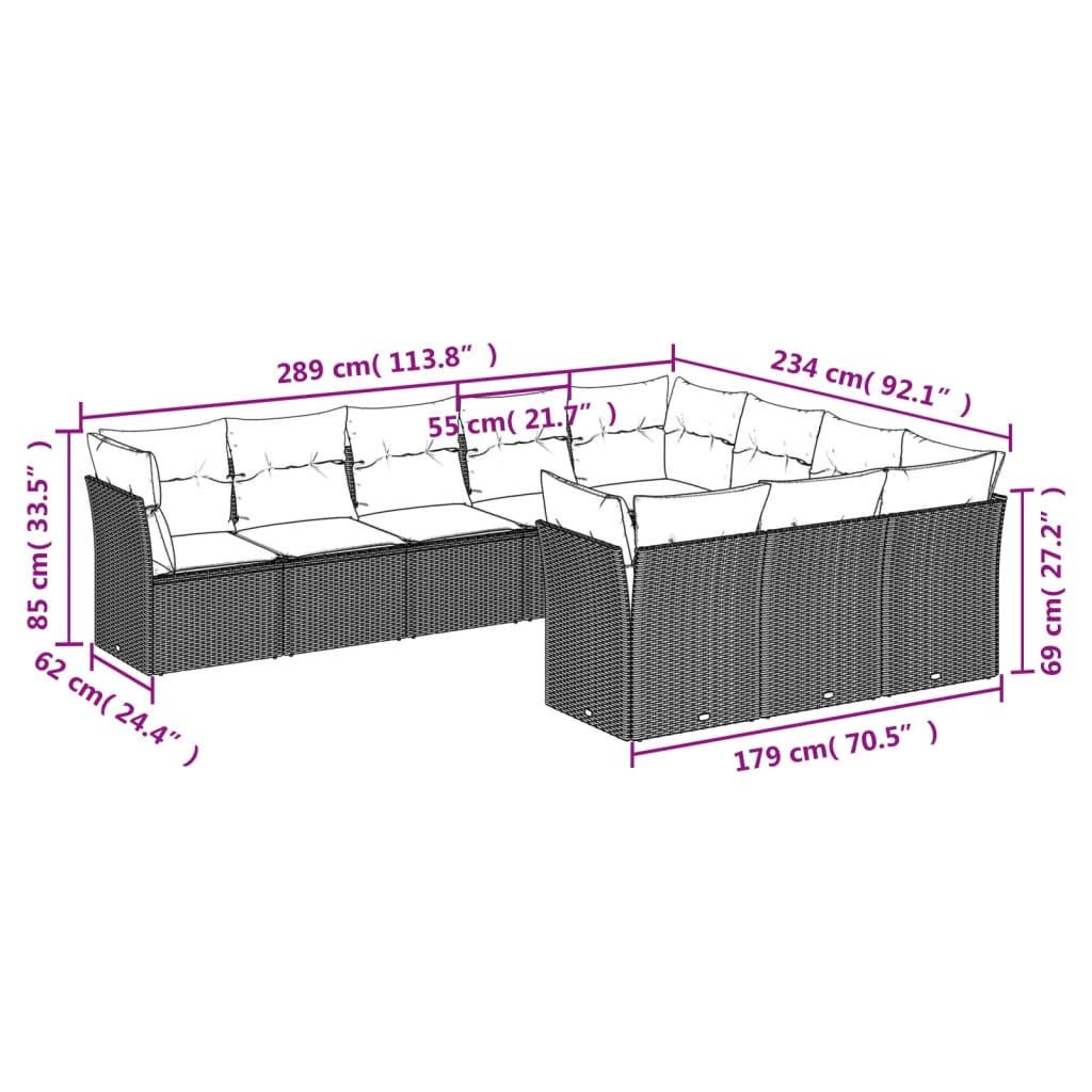 10 Pcs conjunto sofás de jardim c/ almofadões vime PE cinzento