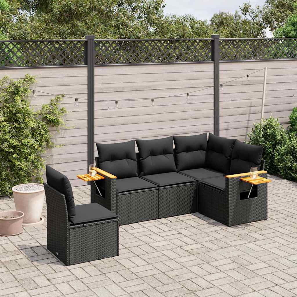 5 Pcs conjunto sofás de jardim com almofadões vime PE preto