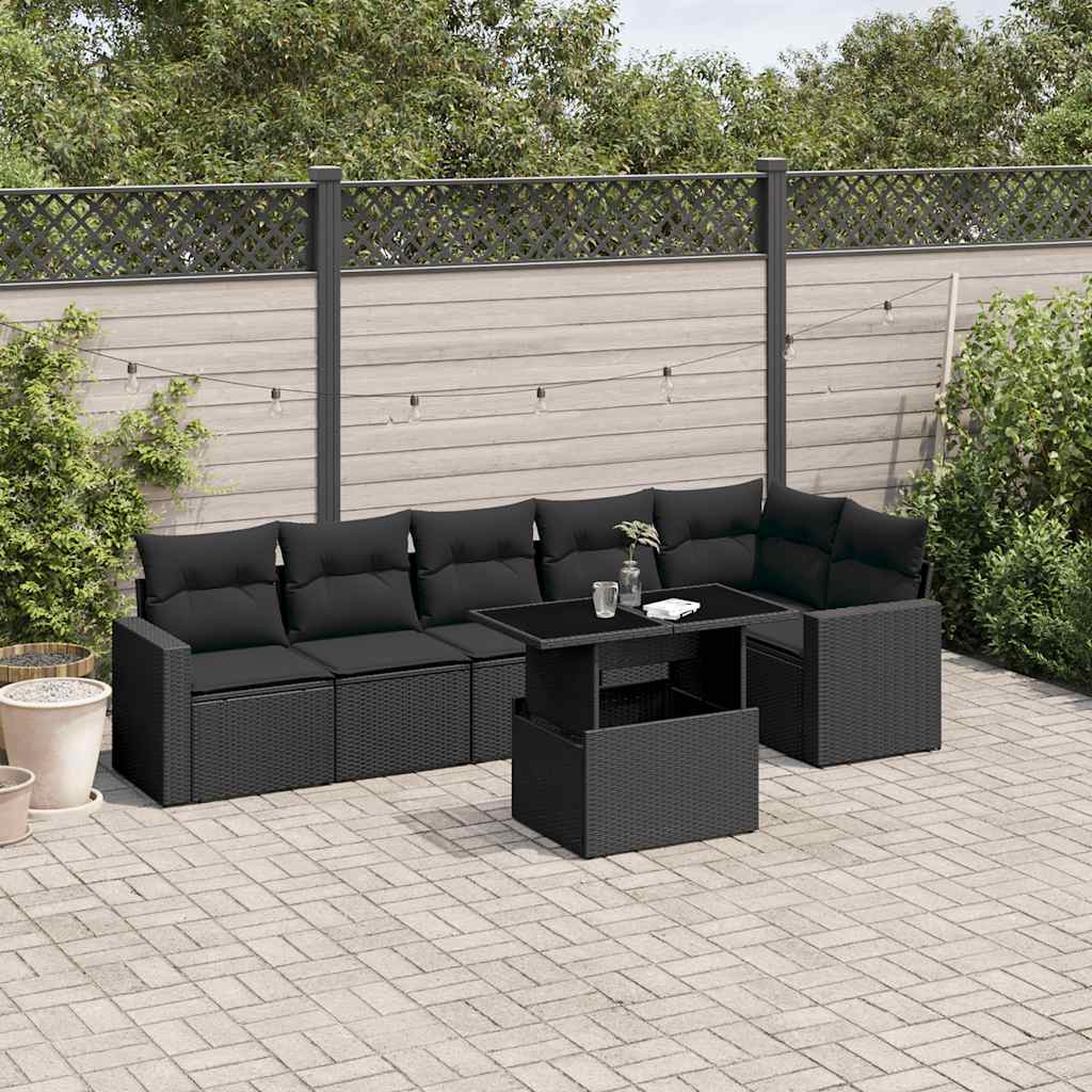 7 Pcs conjunto de sofás p/ jardim c/ almofadões vime PE preto