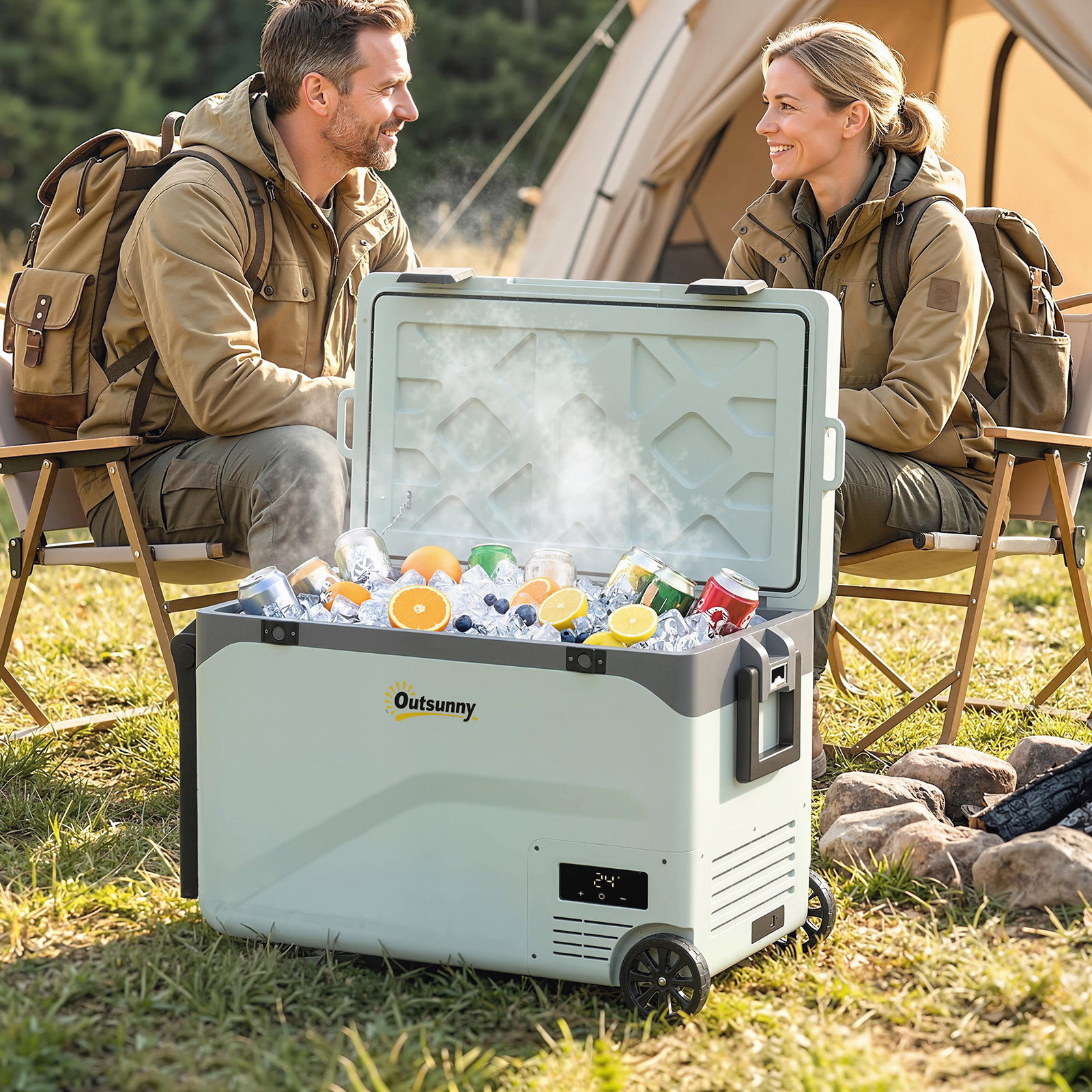 Frigorífico portátil elétrico 42,5l com compressor controlo por app rodas alça barra -20℃ a 20℃ e suporte para telemóvel verde