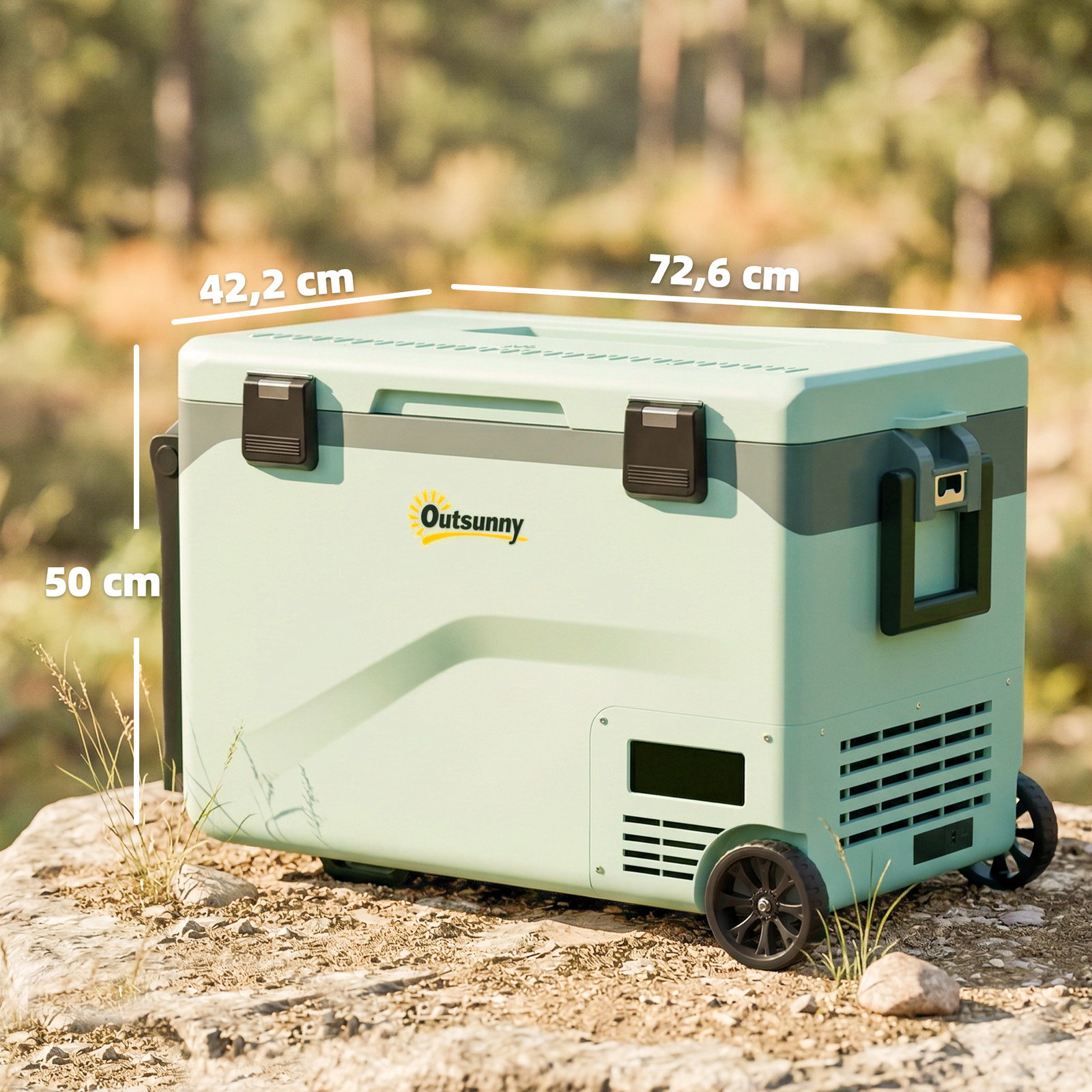Frigorífico portátil elétrico 42,5l com compressor controlo por app rodas alça barra -20℃ a 20℃ e suporte para telemóvel verde