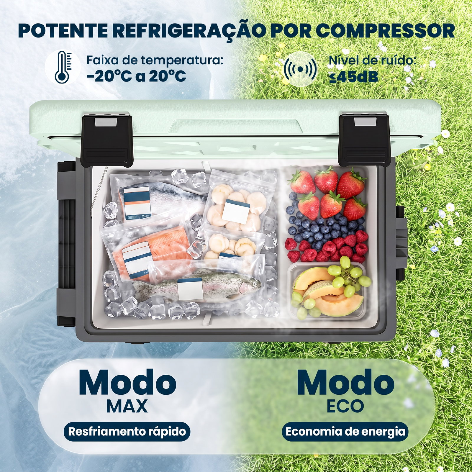 Frigorífico portátil elétrico 42,5l com compressor controlo por app rodas alça barra -20℃ a 20℃ e suporte para telemóvel verde