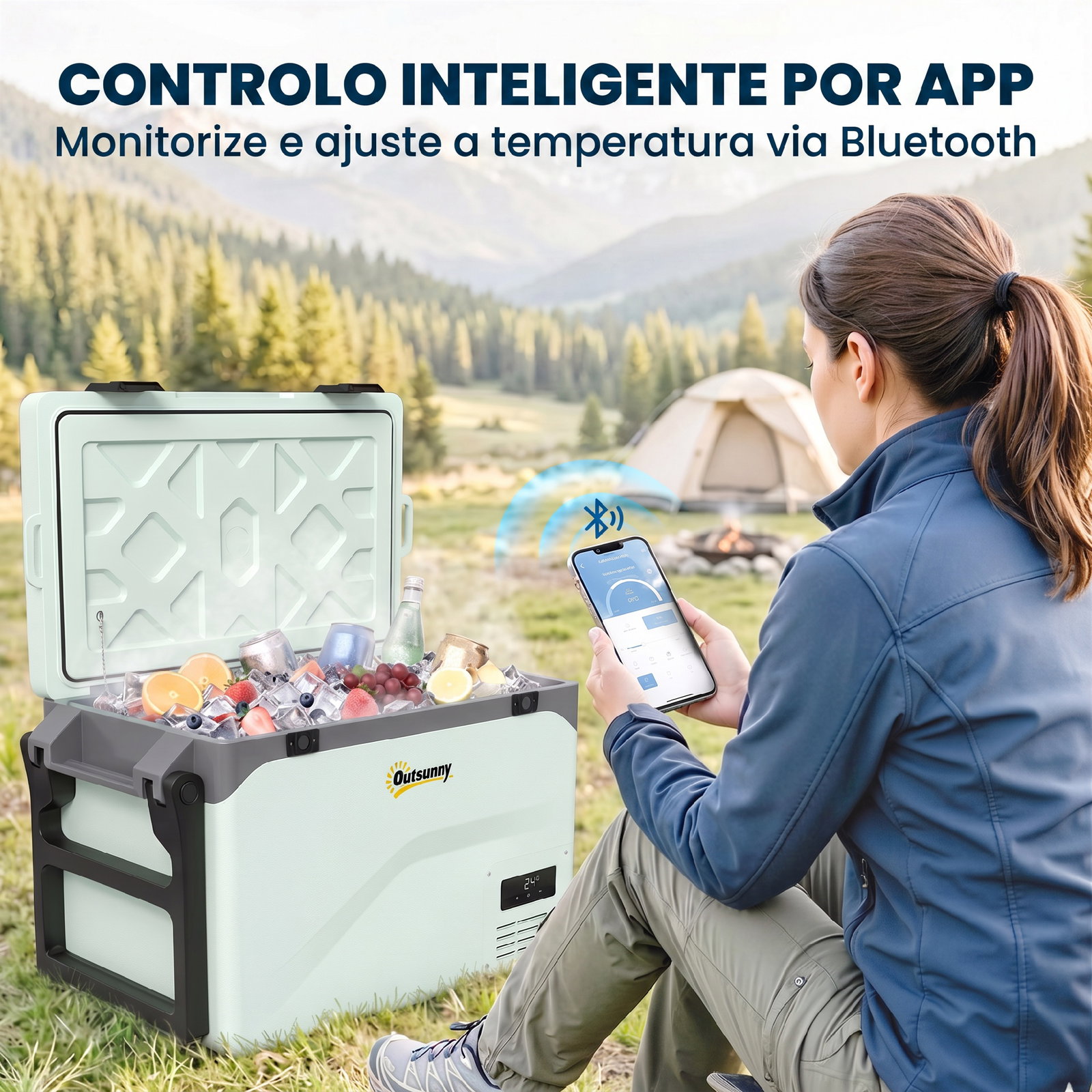 Frigorífico portátil elétrico 42,5l com compressor controlo por app rodas alça barra -20℃ a 20℃ e suporte para telemóvel verde