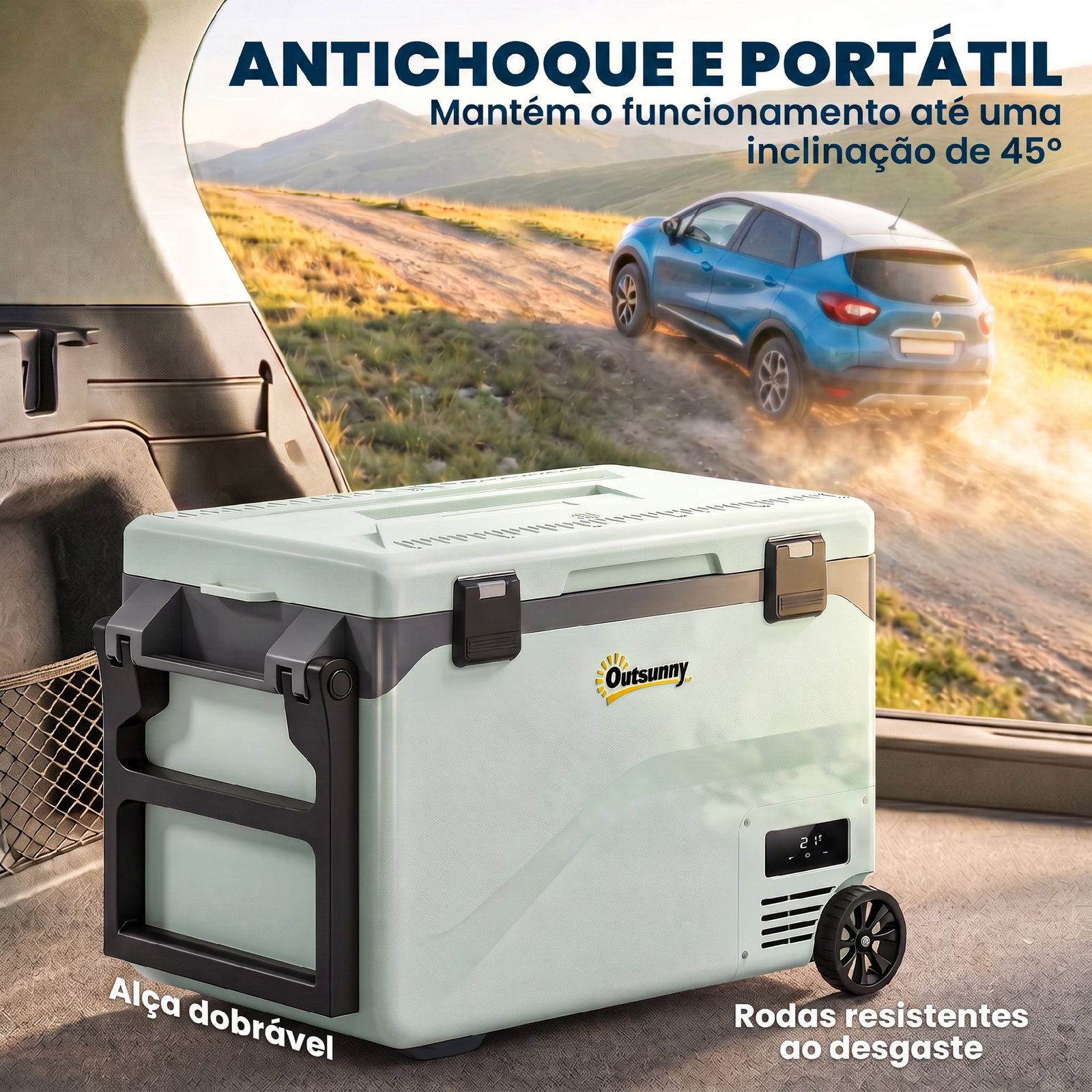 Frigorífico portátil elétrico 42,5l com compressor controlo por app rodas alça barra -20℃ a 20℃ e suporte para telemóvel verde