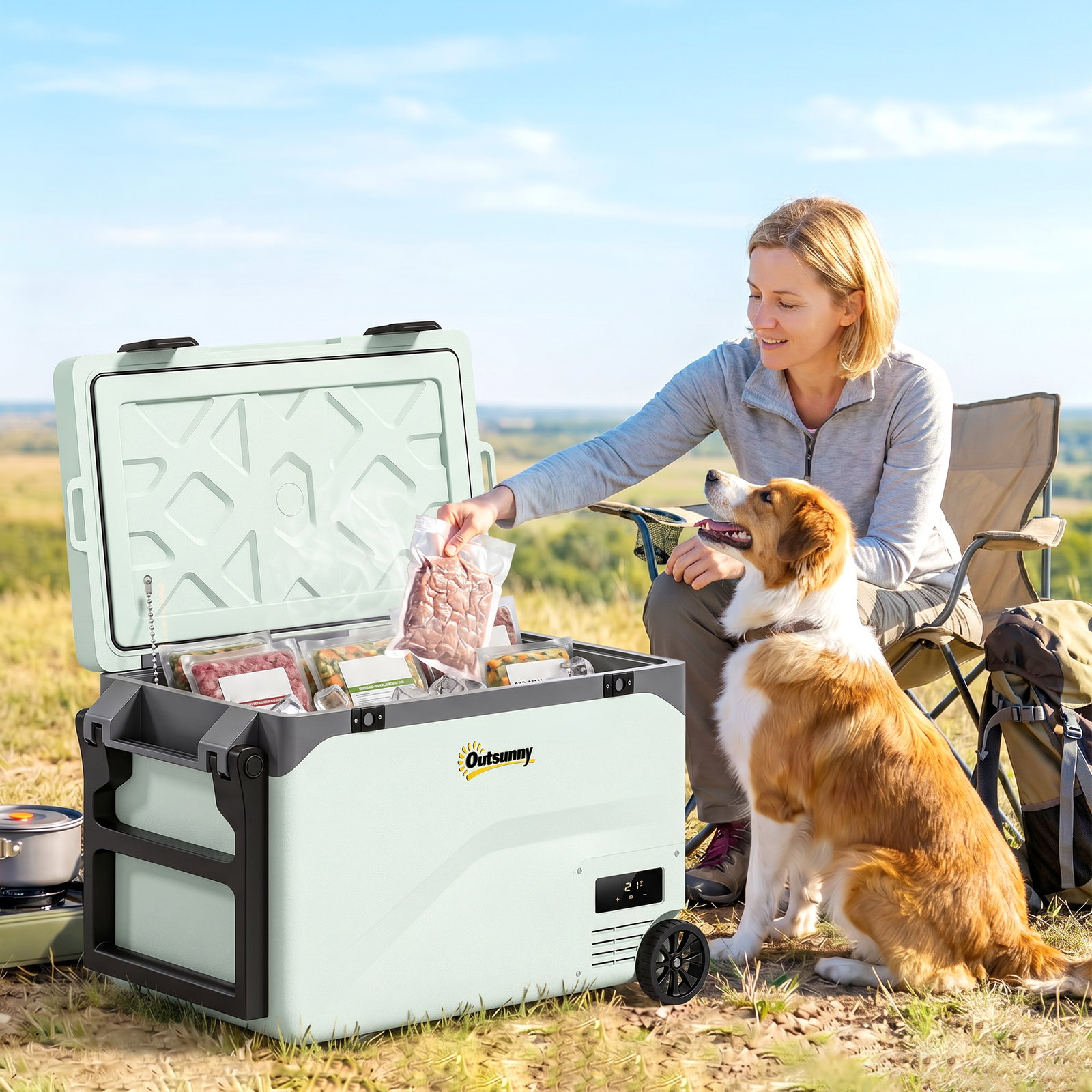 Frigorífico portátil elétrico 42,5l com compressor controlo por app rodas alça barra -20℃ a 20℃ e suporte para telemóvel verde