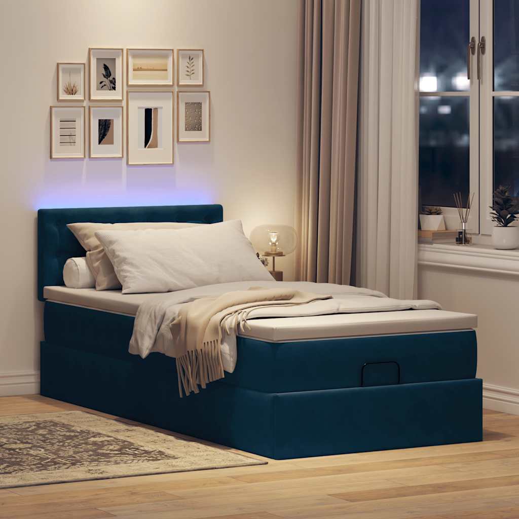 Estrutura de cama otomana com colchão azul escuro veludo