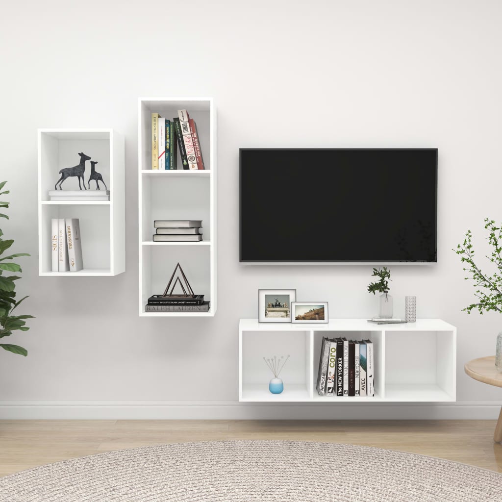 3 Pcs conjunto de móveis de TV contraplacado branco
