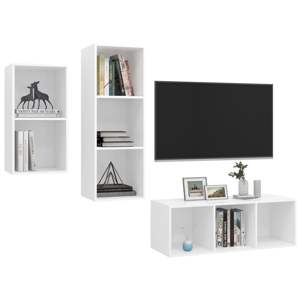 3 Pcs conjunto de móveis de TV contraplacado branco