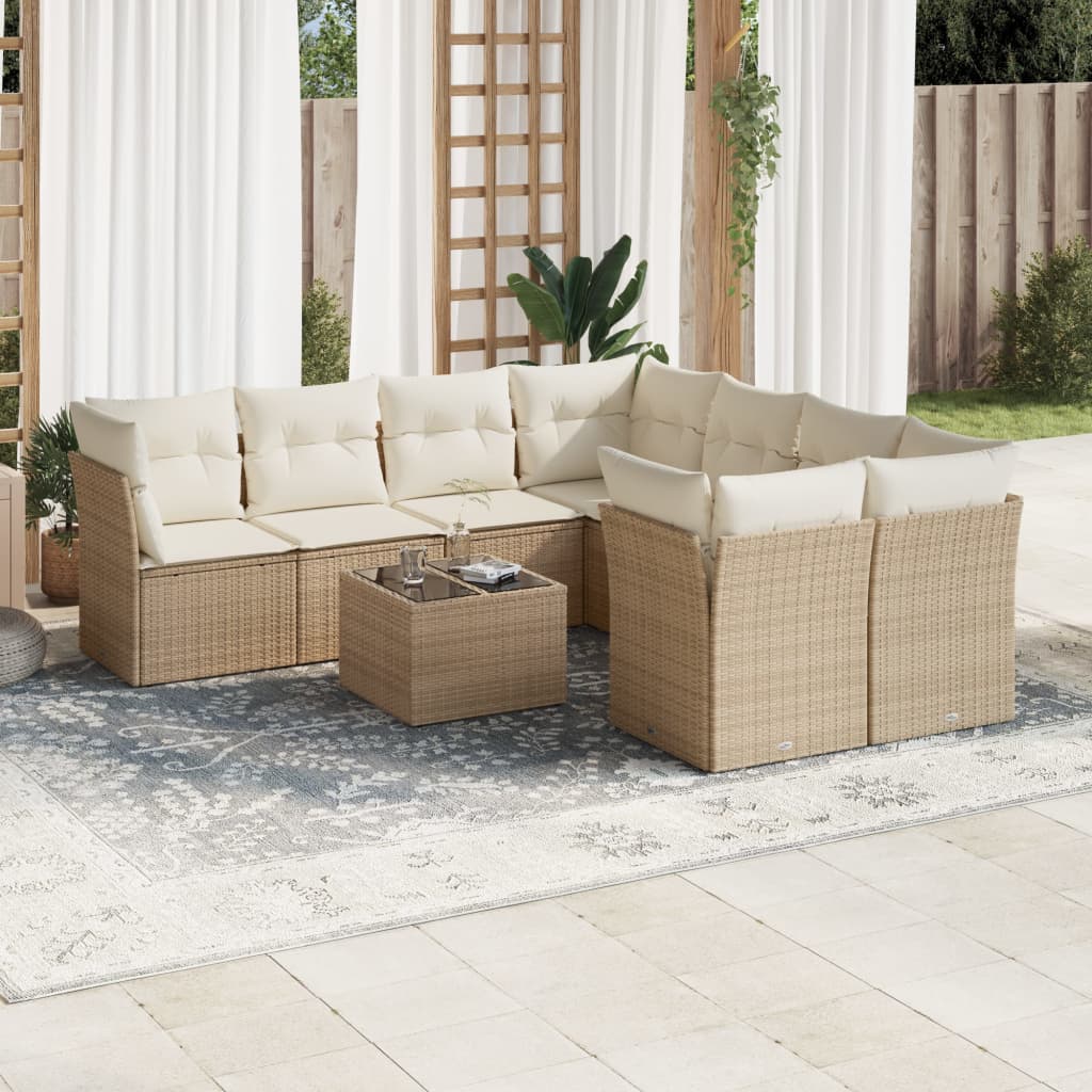 9 Pcs conjunto de sofás p/ jardim com almofadões vime PE bege