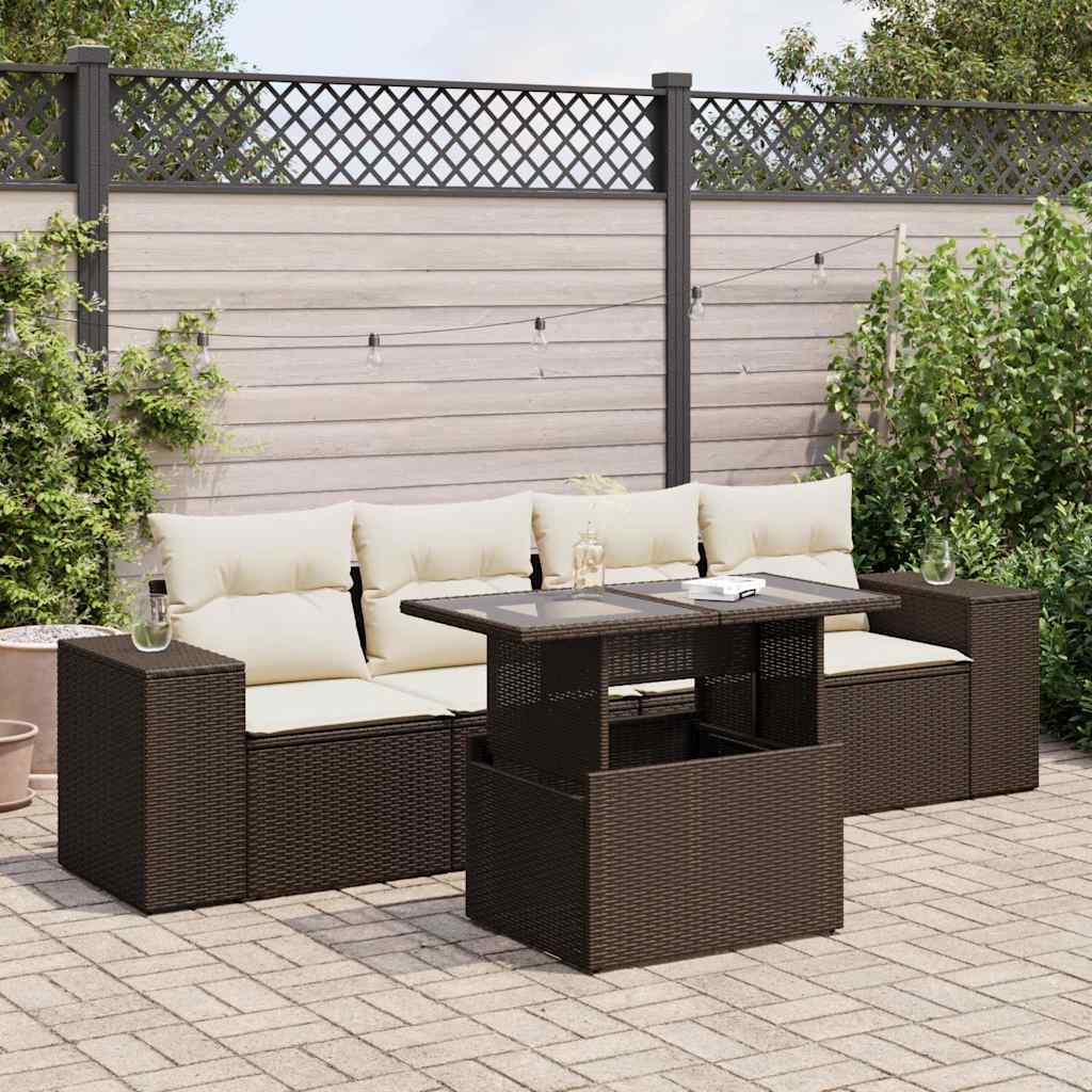 5 Pcs conjunto sofás p/ jardim c/ almofadões vime PE castanho