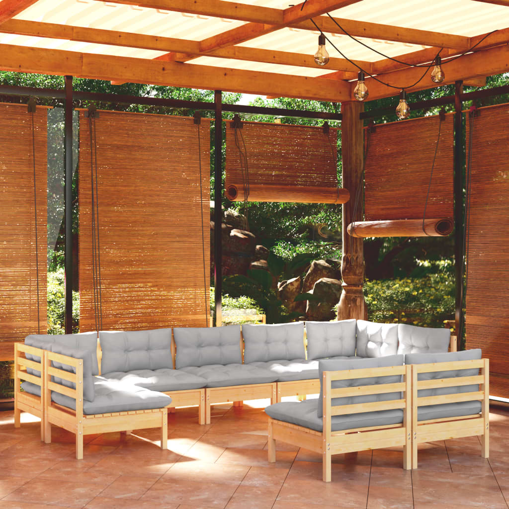 9 Pcs conjunto lounge de jardim + almofadões cinza pinho maciço