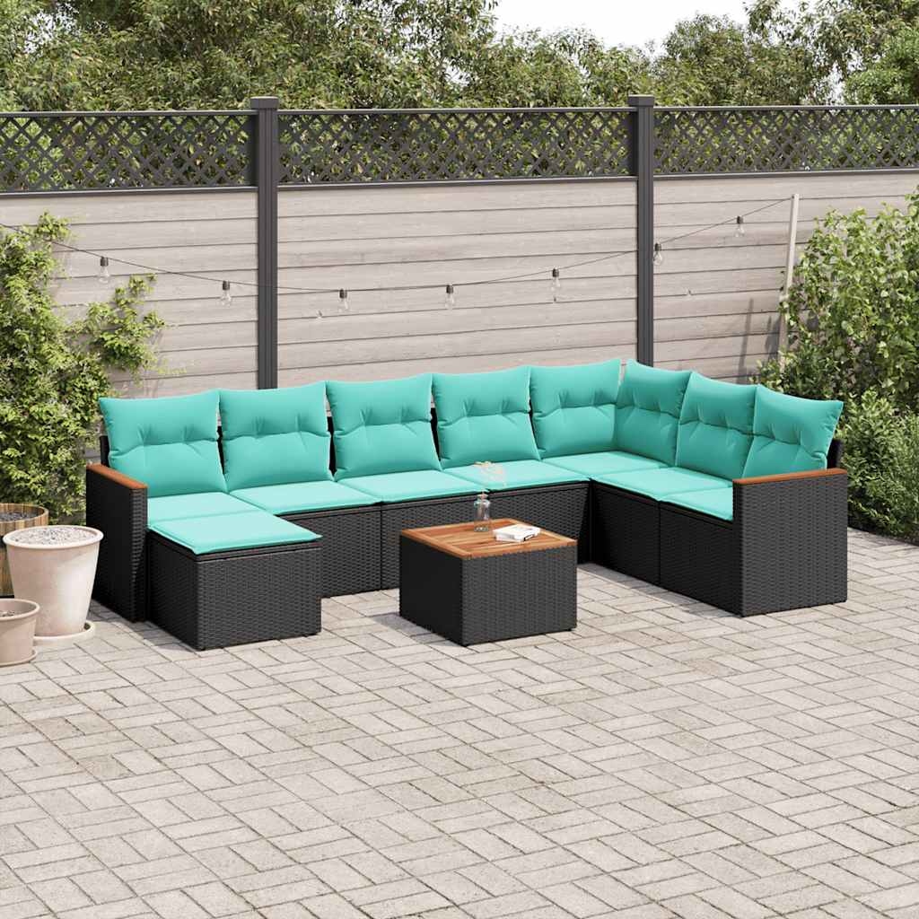 Conjunto de sofá de jardim de 9 peças com almofadas em rattan sintético preto
