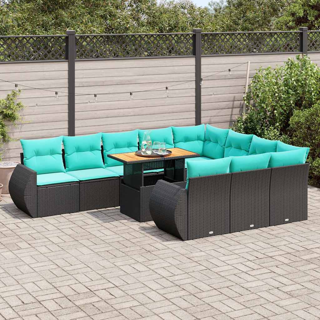 11 Pcs conjunto sofás de jardim c/ almofadões vime PE preto