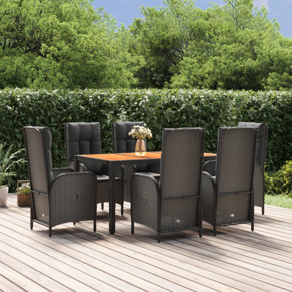 7 Pcs conjunto de jantar p/ jardim c/ almofadões vime PE preto