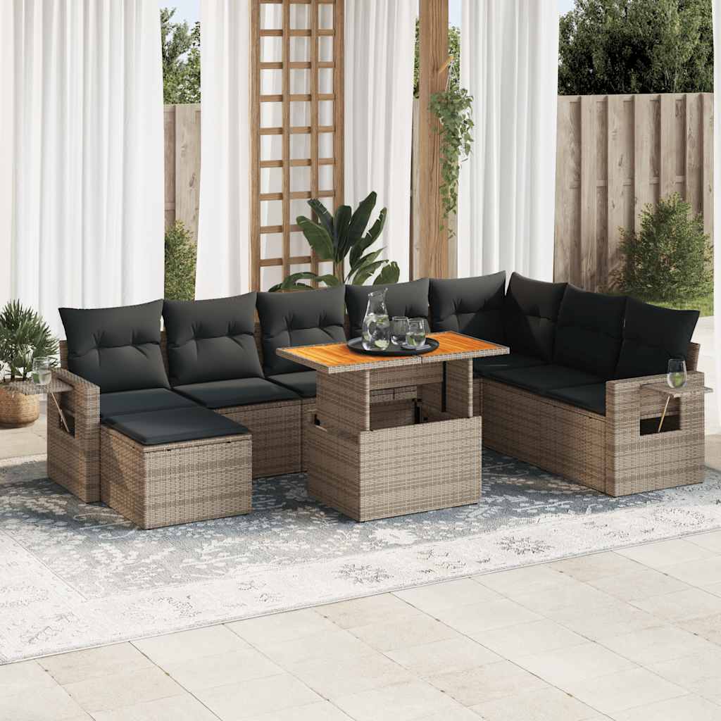9 Pcs conjunto sofás p/ jardim com almofadões vime PE cinzento