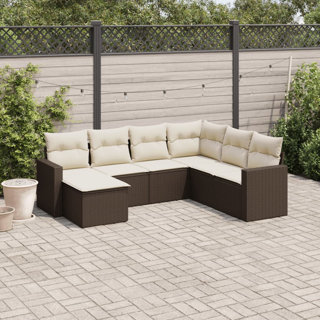 7 Pcs conjunto de sofás jardim c/ almofadões vime PE castanho