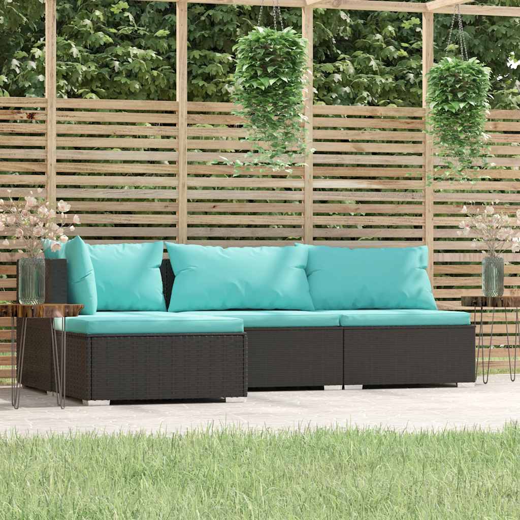 4 Pcs conjunto lounge de jardim c/ almofadões vime PE preto