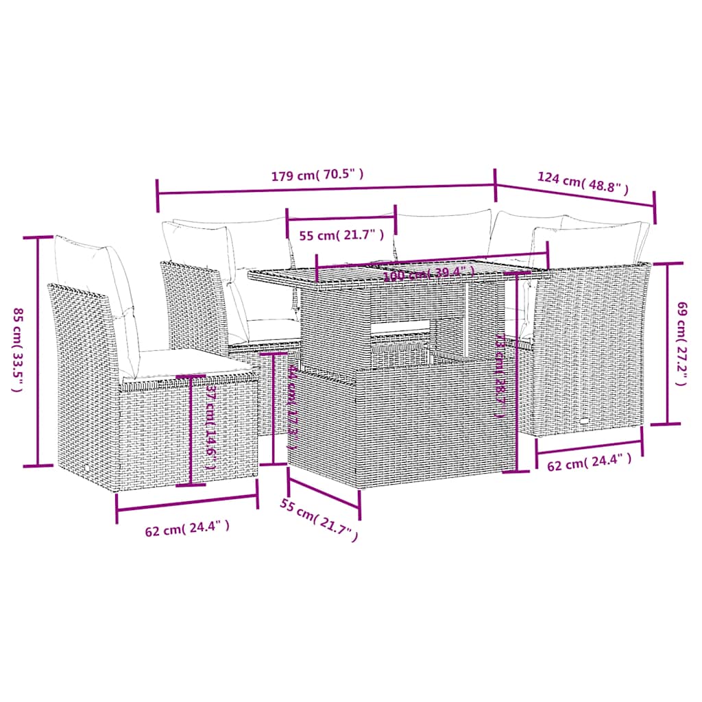 5 Pcs conjunto sofás de jardim com almofadões vime PE preto