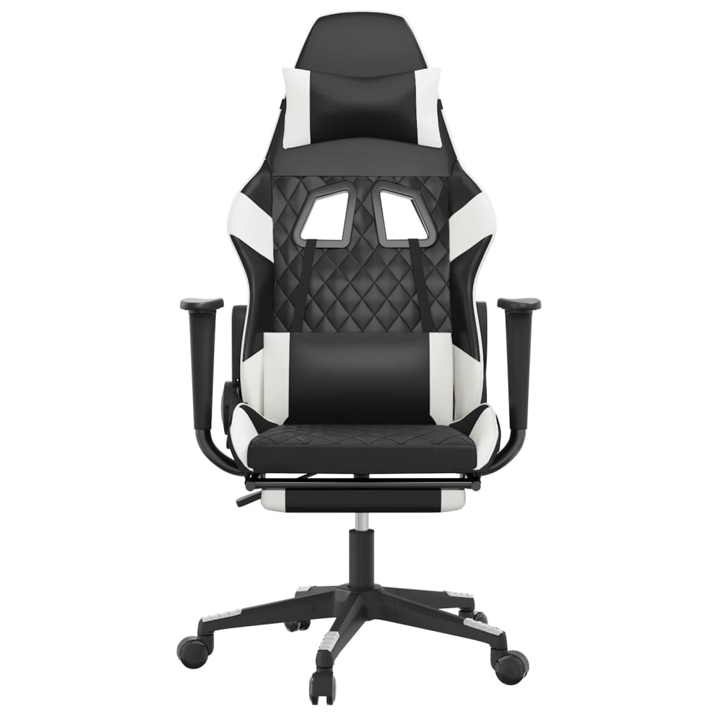 Cadeira gaming massagens c/ apoio pés couro artif. preto/branco