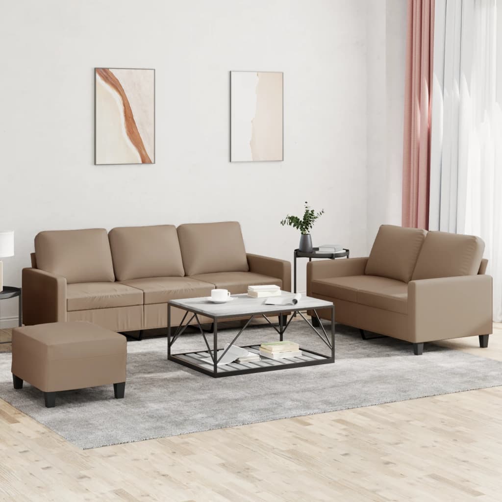3 Pcs conjunto sofás c/ almofadões couro artificial cappuccino