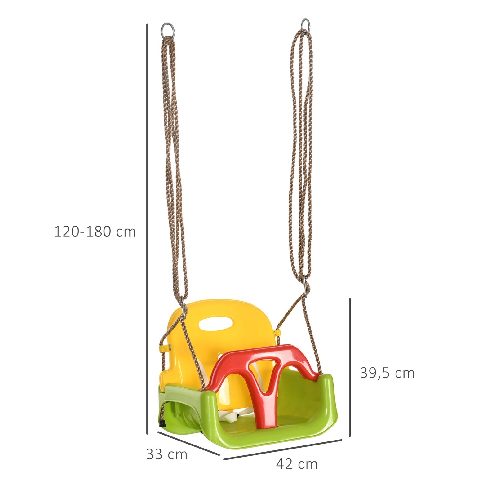 Baloiço para bebé 3 em 1 com encosto desmontável cordas ajustáveis e barra em t 42x33x120-180 cm multicor