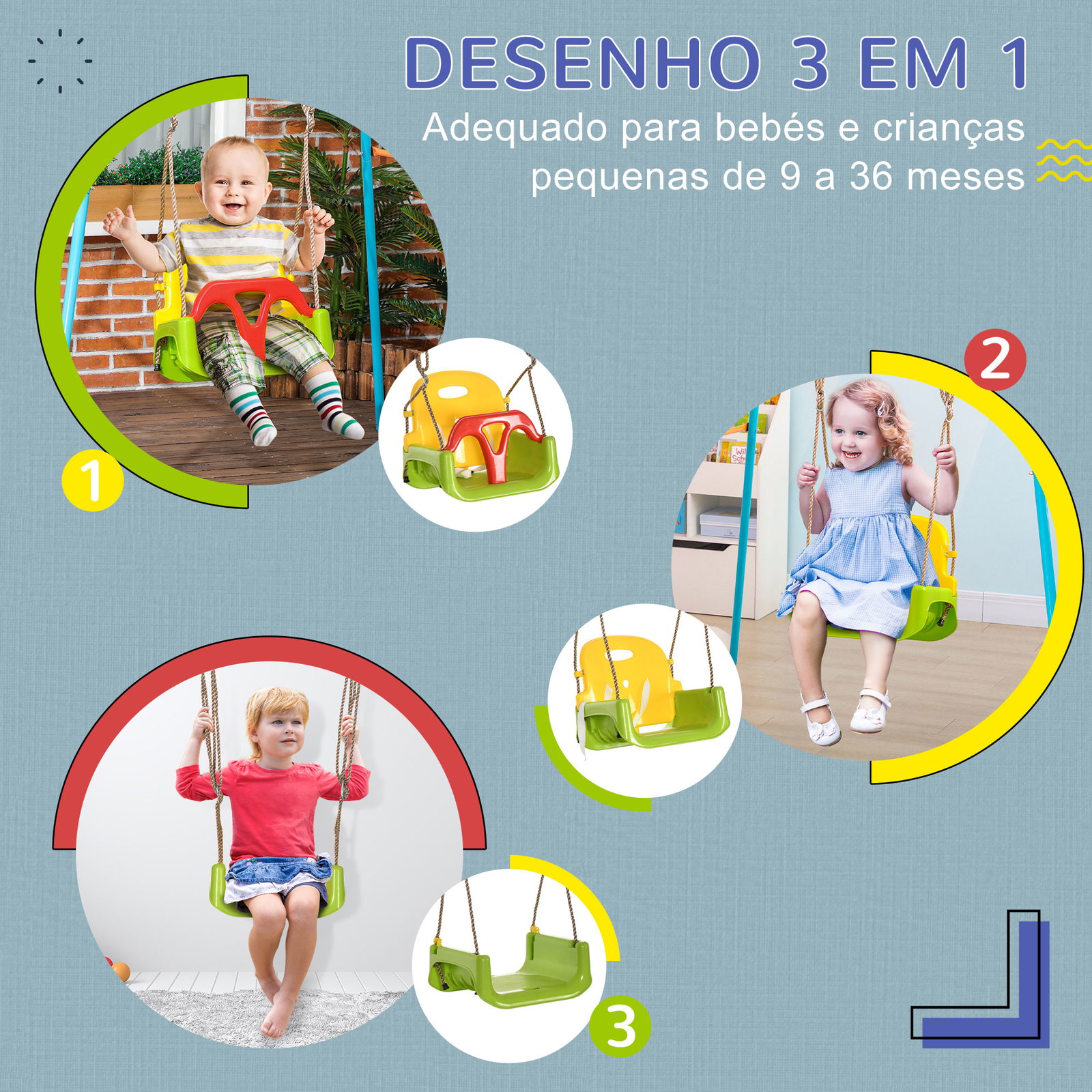 Baloiço para bebé 3 em 1 com encosto desmontável cordas ajustáveis e barra em t 42x33x120-180 cm multicor