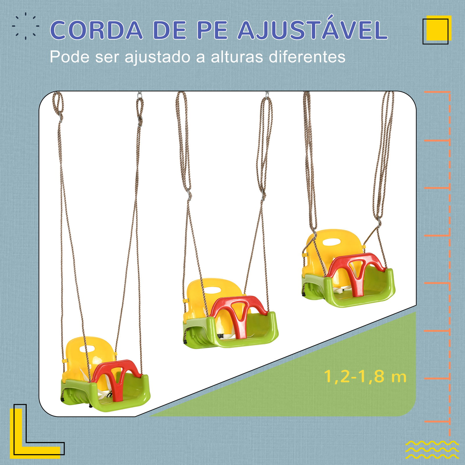 Baloiço para bebé 3 em 1 com encosto desmontável cordas ajustáveis e barra em t 42x33x120-180 cm multicor