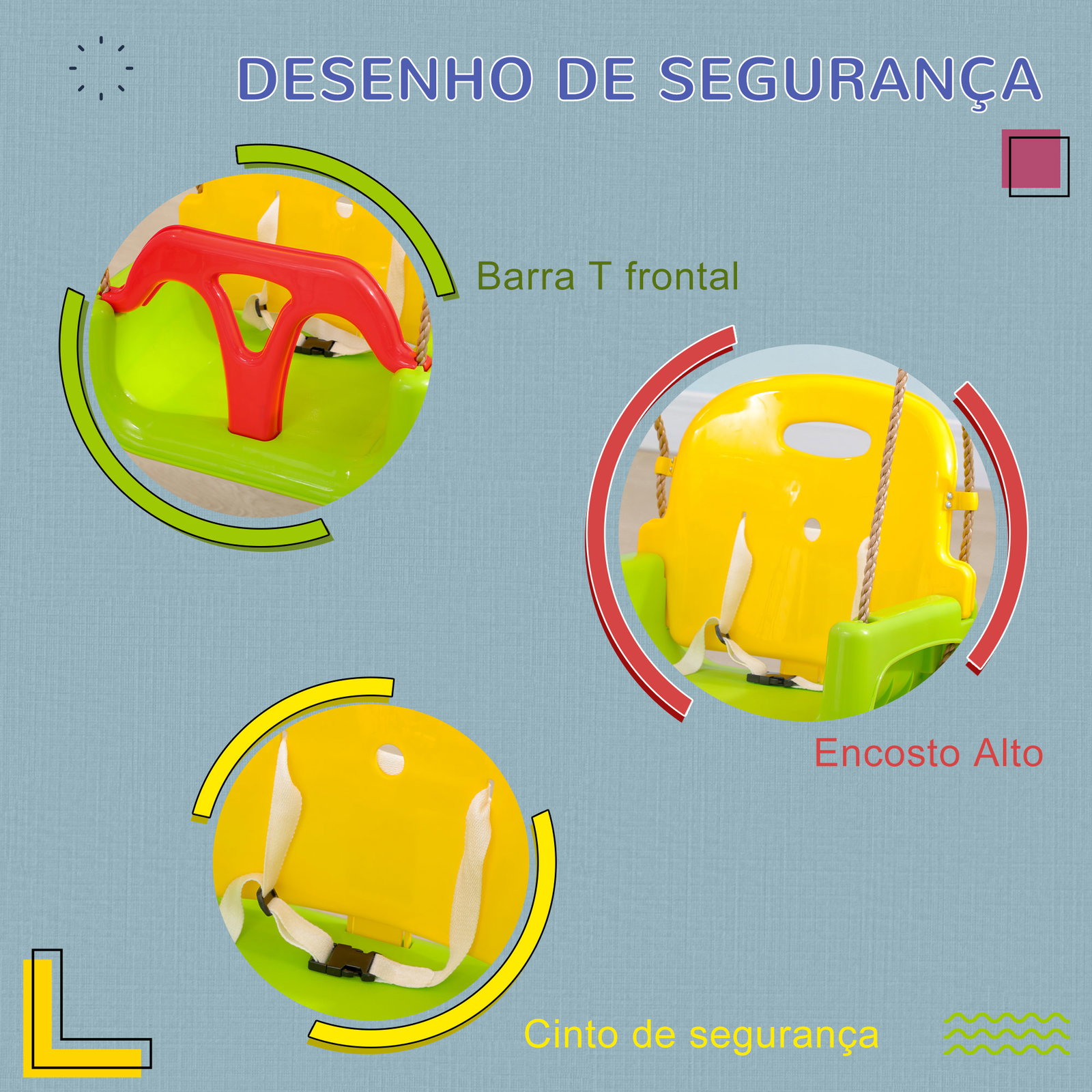Baloiço para bebé 3 em 1 com encosto desmontável cordas ajustáveis e barra em t 42x33x120-180 cm multicor