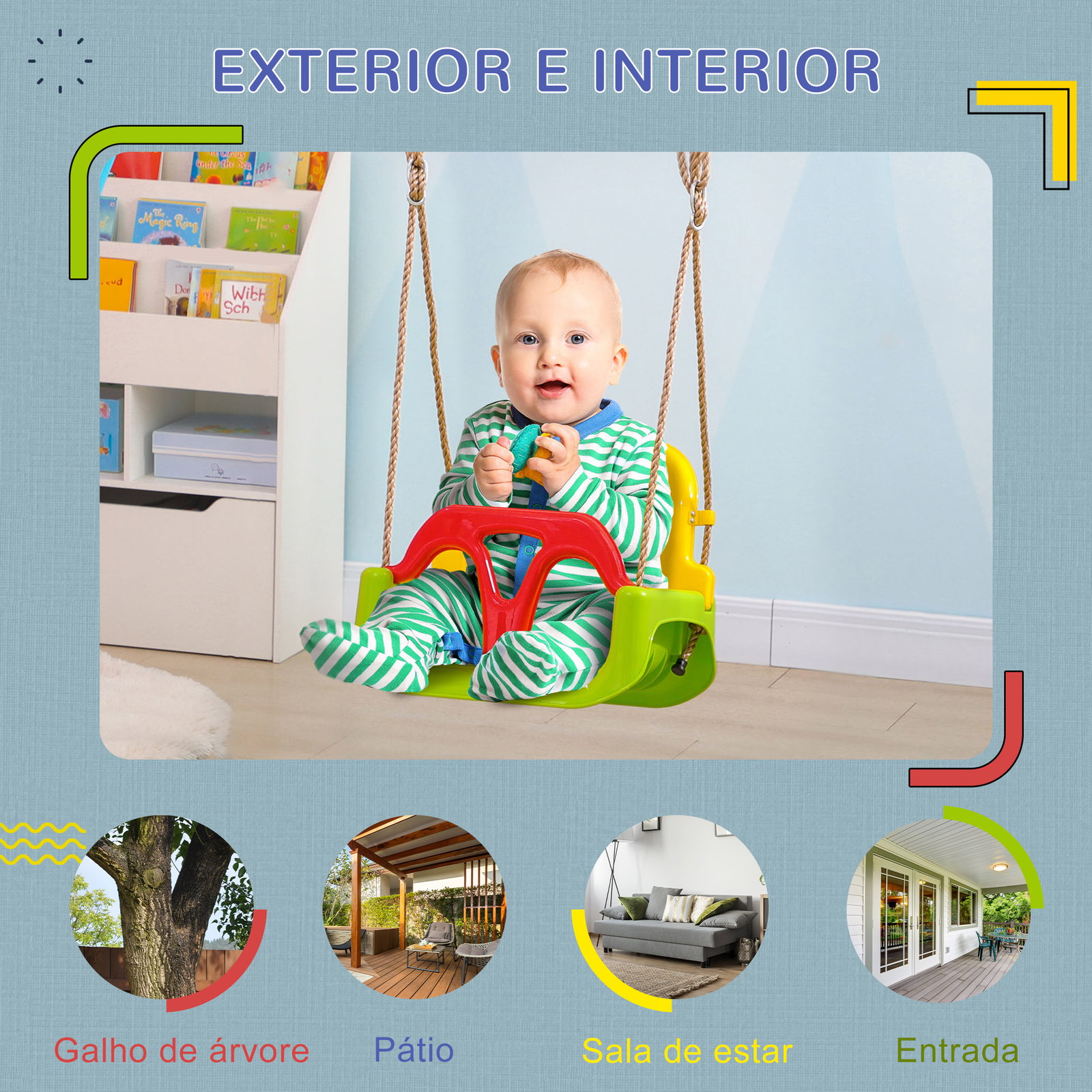 Baloiço para bebé 3 em 1 com encosto desmontável cordas ajustáveis e barra em t 42x33x120-180 cm multicor