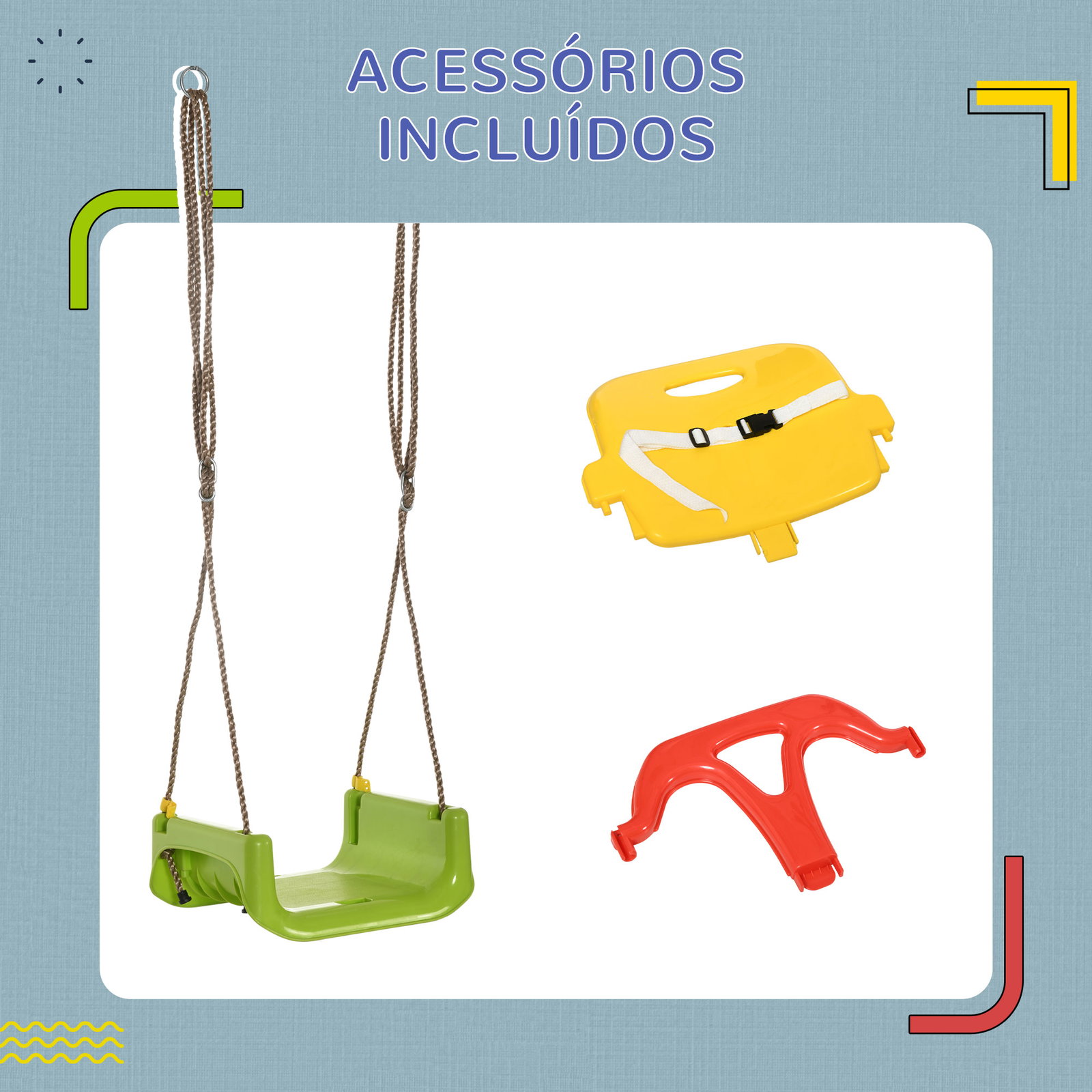 Baloiço para bebé 3 em 1 com encosto desmontável cordas ajustáveis e barra em t 42x33x120-180 cm multicor