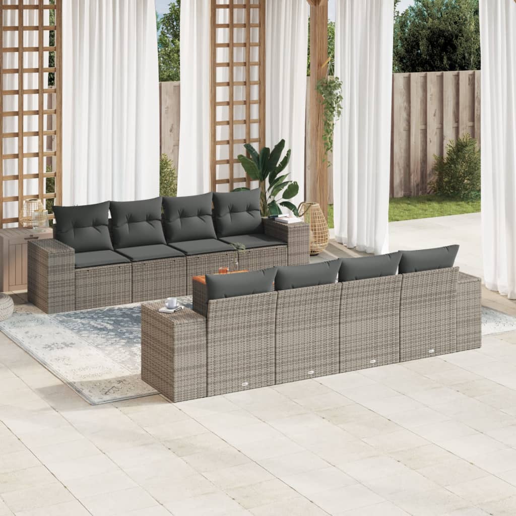 9 Pcs conjunto sofás p/ jardim com almofadões vime PE cinzento