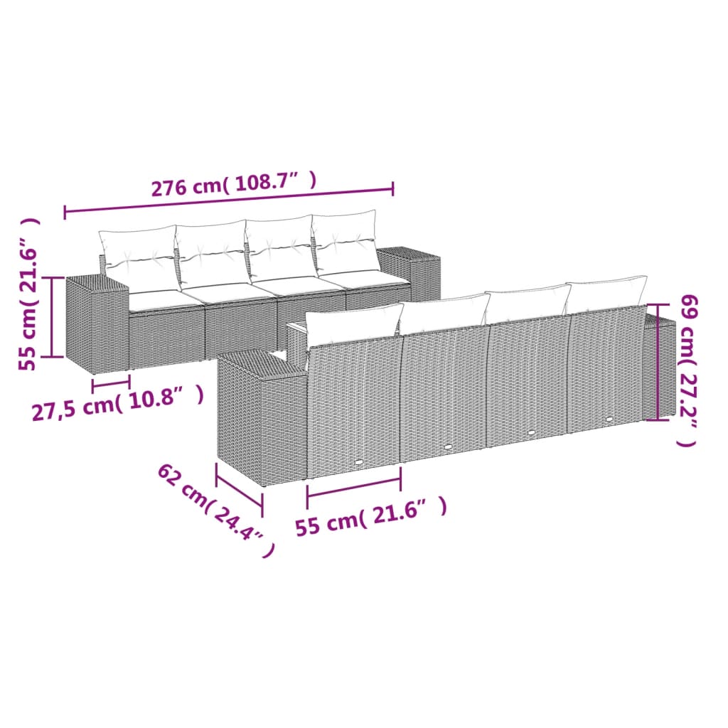 9 Pcs conjunto sofás p/ jardim com almofadões vime PE cinzento