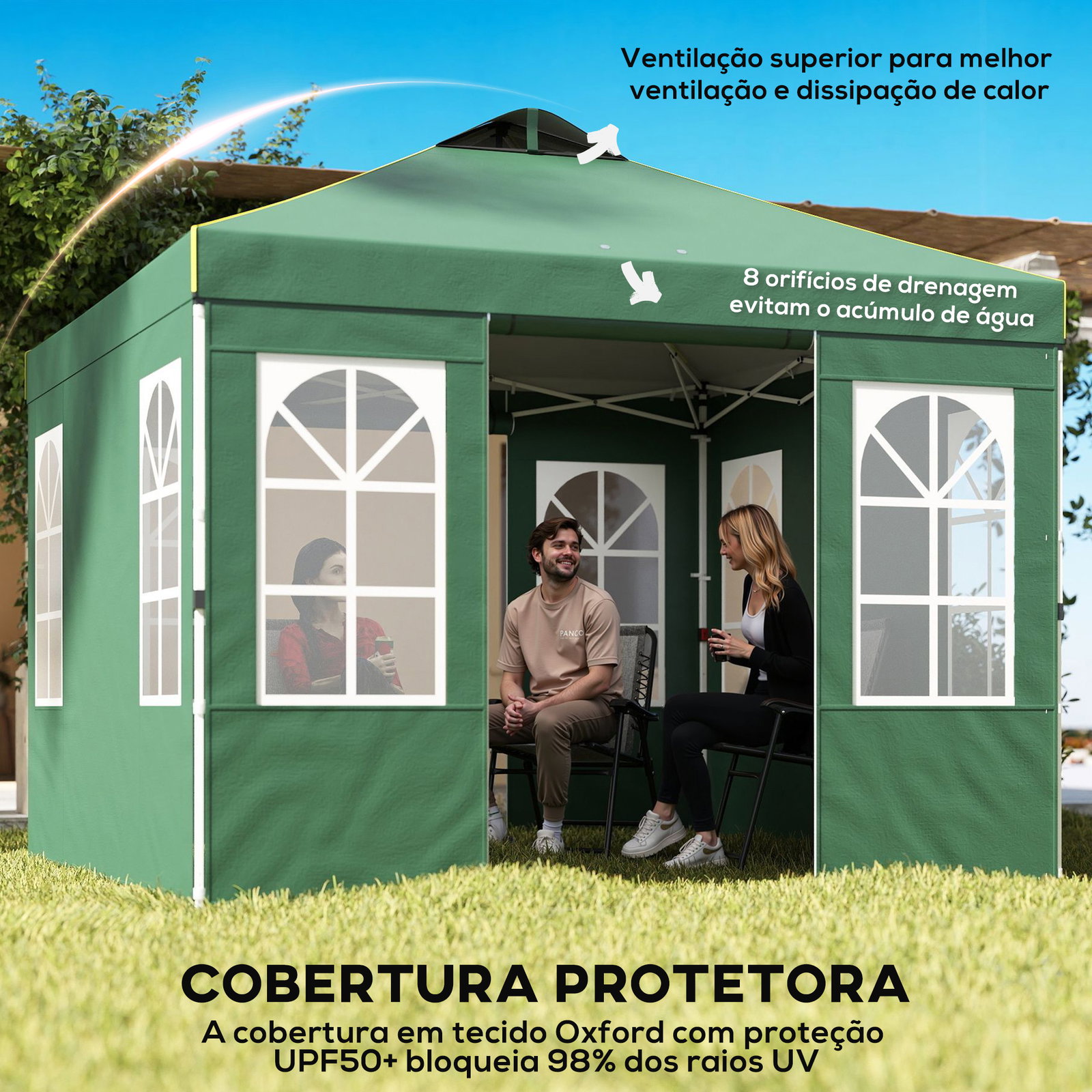 Tenda dobrável 3x3 m pop-up com upf50+ 4 laterais removíveis altura ajustável e bolsa de transporte verde